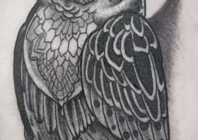 Schwarz-weißes Arm Tattoo - Eule sitzend auf einem Ast